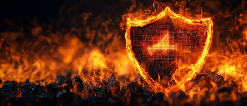 Burning shield in fire with dark background over coal, concept of protection and security