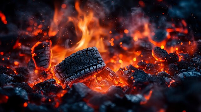 Burning wood embers with flames and smoke, intense fiery location, dark blurred background