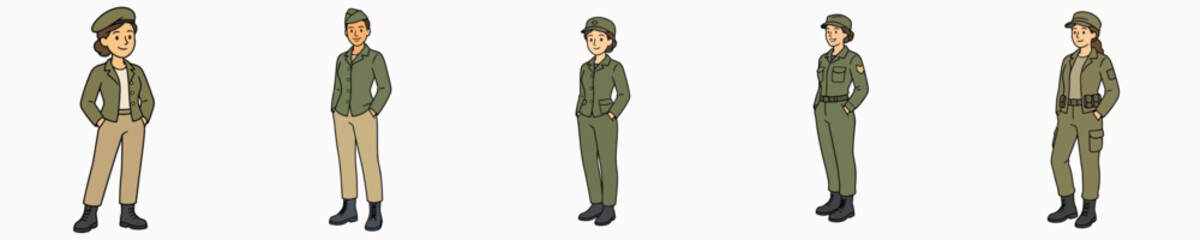 Obraz premium A set of vector illustrations of a female soldier posing while standing, with her hands in her pockets.