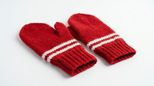 Pair of red knitted mittens with white stripes on a white background