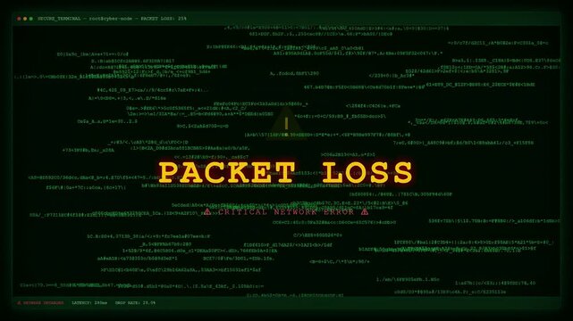 Digital screen displaying network packet loss error message over scrolling computer code background