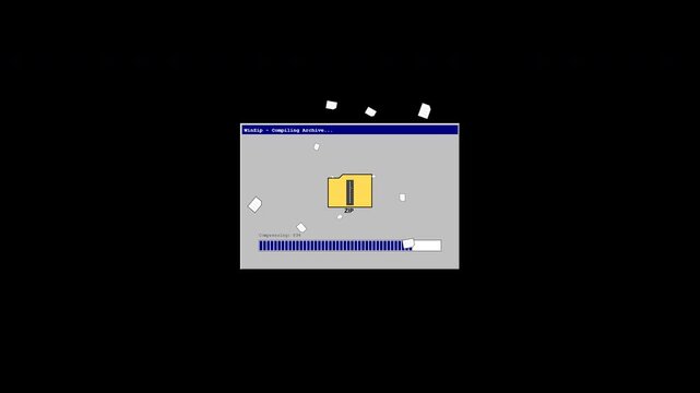 Folder Compression Process Retro Y2K UI Animation with Multiple Documents Shrinking into a ZIP Archive Icon and Compression Progress Bar