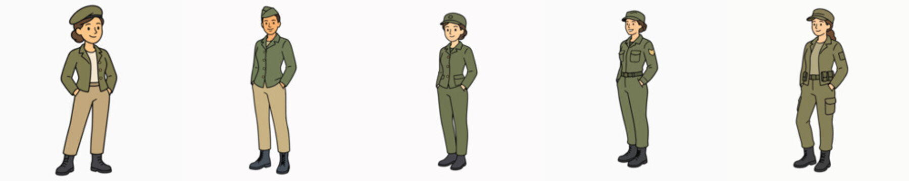 A set of vector illustrations of a female soldier posing while standing, with her hands in her pockets.