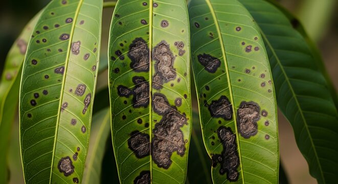 Mango leaves affected by fungal disease and anthracnose spots with anthracnose