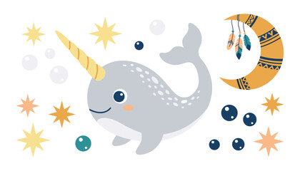 Cute Narwhal Character Vector Set with Magical Horn Boho Crescent Moon Feathers Stars and Bubbles for Nursery and Childish Graphic Design © MdEajdani