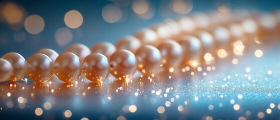 Fototapeta premium Close-up of pearl necklace resting on reflective surface with bokeh lighting in the background
