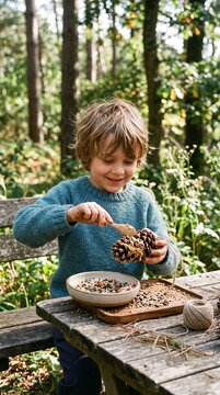 Young boy happily making a pinecone bird feeder with peanut butter and seeds in a forest setting