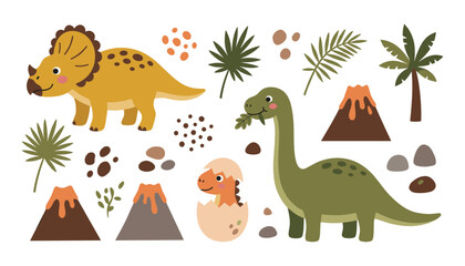 Cute prehistoric dinosaur vector element set featuring cartoon triceratops brachiosaurus hatching egg erupting volcanoes and tropical palm leaves in earthy colors © MdEajdani