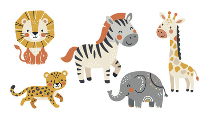 Obraz premium Cute Safari Animals Vector Illustration Set with Cartoon Lion Zebra Giraffe Elephant and Cheetah for Kids Nursery Designs Isolated on White Background