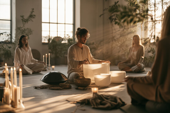Sound meditation session held in a studio with instruments and musicians engaged in performance