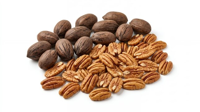 Whole and shelled pecan nuts isolated on a white background