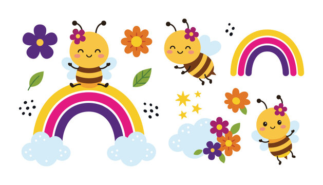 Cute honey bee cartoon character vector set featuring happy smiling bees rainbows colorful flowers clouds and spring elements for kids designs