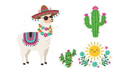 Fototapeta premium Cute llama vector set wearing a sombrero and sunglasses with blooming cacti and a smiling sun for Mexican fiesta holiday designs