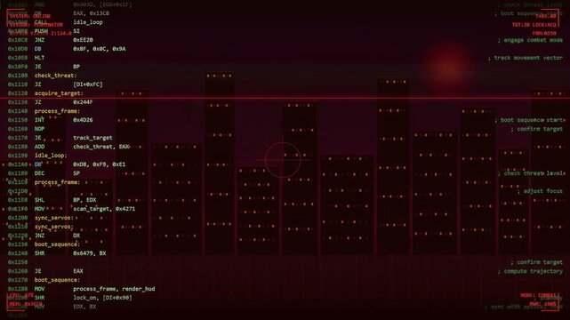 Digital data stream with scrolling red computer code and futuristic hud interface on black background
