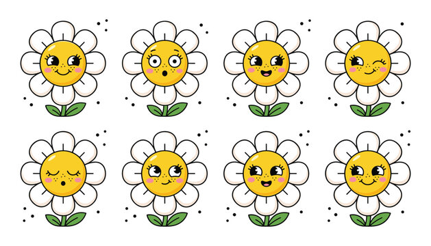 Cute daisy flower emoji character set featuring various facial expressions like happy surprised and winking for children stickers and summer designs
