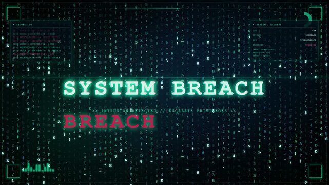 Digital screen displaying system breach warning with scrolling binary code and cybersecurity alert interface