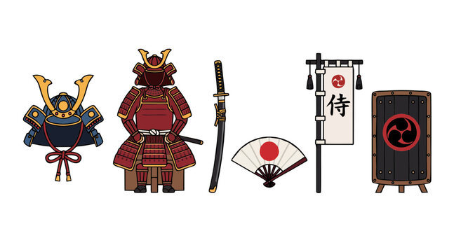 Detailed samurai armor set featuring traditional japanese helmet katana sword shield fan and battle banner design