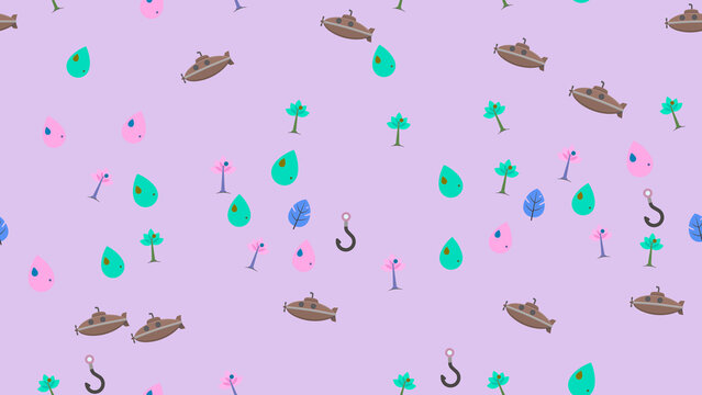 Submarine, tree, water drop and fishing hook pattern