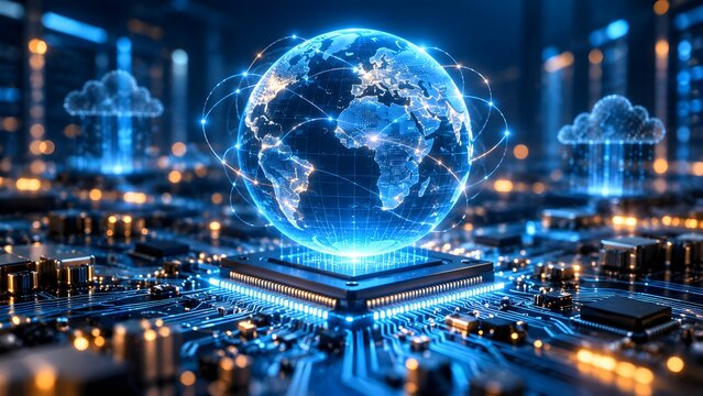 Global cloud computing network featuring glowing digital earth on microchip and floating data clouds symbolizing international internet infrastructure