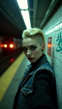 Edgy blonde woman with undercut taking selfie in subway station