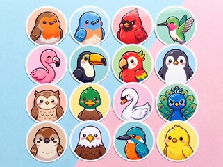 Fototapeta premium Cute Birds Sticker Set Cartoon Icons