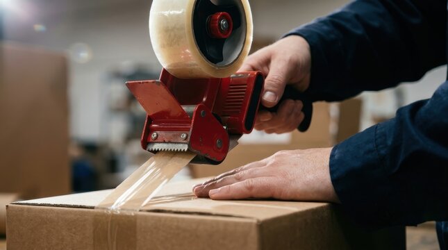 A warehouse worker packing and sealing a cardboard box using a tape dispenser in a shipping facility