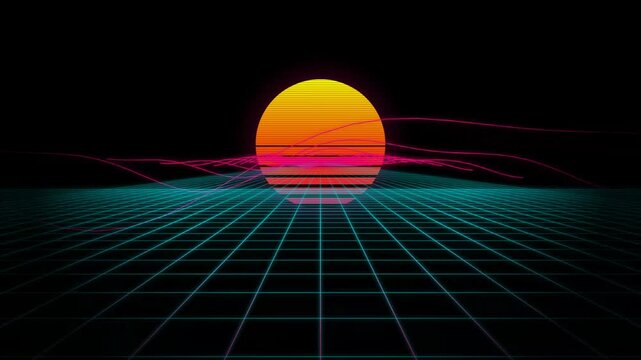 Retro synthwave landscape with a glowing sun over a digital grid horizon in a dark neon aesthetic style 4k Motion Video
