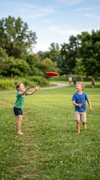 Two happy children playing frisbee in a sunny park on a summer day
