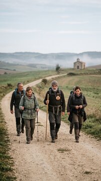 Group of four friends hiking on a dirt path through rolling hills with a small chapel in the distance