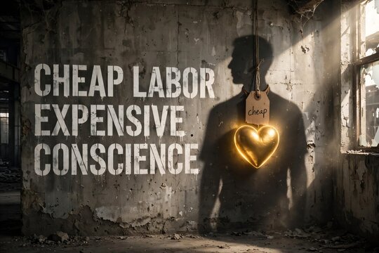 Conceptual image depicting worker exploitation with text Cheap Labor Expensive Conscience painted on a ruined wall next to a silhouette wearing a cheap tag and a glowing golden heart