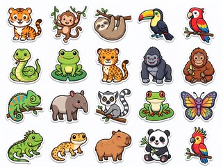 Fototapeta premium Tropical Jungle Animals Sticker Set Cute Icons