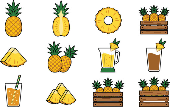 Tropical pineapple vector graphics bundle featuring wooden crates blender pitcher glass juice cup slices and chunks elements
