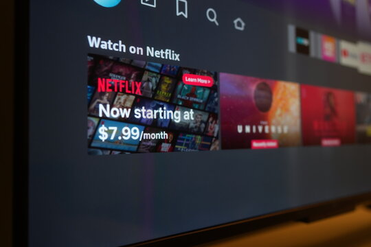 Toronto, Ontario - September 17, 2026: Netflix Streaming Subscription Promotion Starting at 7.99 per Month on Smart TV