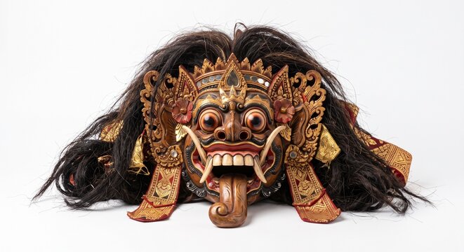 Detailed traditional Balinese Rangda demon mask with long hair and fangs, Indonesian cultural heritage isolated on a white background.