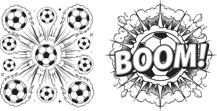 Black line art football soccer ball explosion set with comic boom text bubble and motion lines for action sports graphic project.
