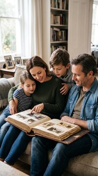 Family reminiscing over old photographs in a photo album on a sofa