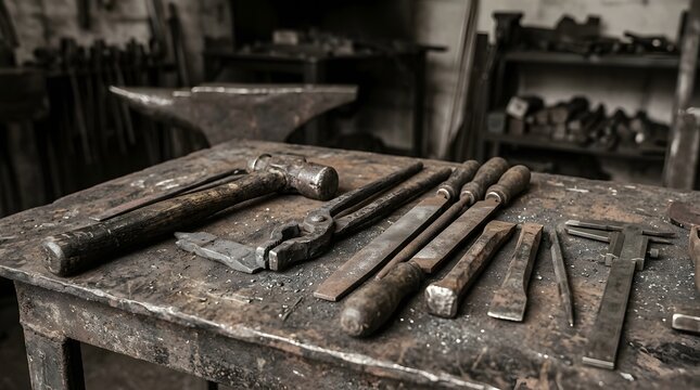 Set of vintage blacksmith tools arranged on worn metal workbench in workshop with hand tools forge tools manual labor old tools