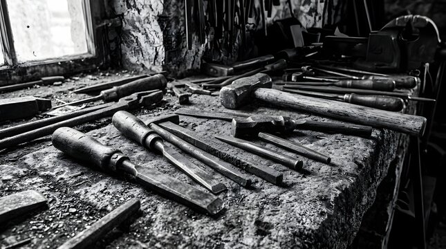 Close up of various rusty metal hand tools arranged on an old textured workbench in a traditional forge with blacksmith tools