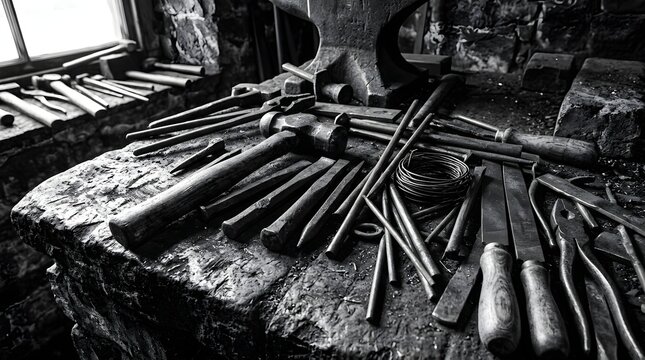 Assorted vintage blacksmith tools spread across a rustic metal workbench in a dimly lit workshop with old tools hand tools forging equi