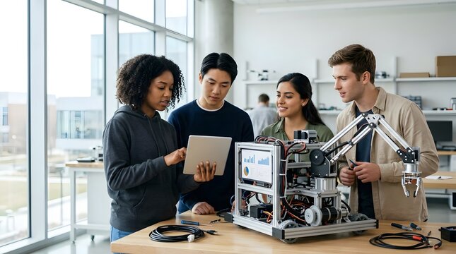 Diverse engineering students collaborating on robotics project with digital tablet