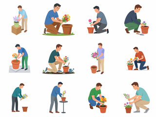Fototapeta premium Collection of flat vector illustrations of men gardening, planting flowers in terracotta pots, and arranging colorful bouquets.