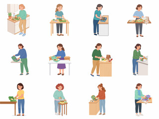 Fototapeta premium Vector Illustration Collection of Women Preparing Healthy Lunch Boxes and Bento Meals for Work or School
