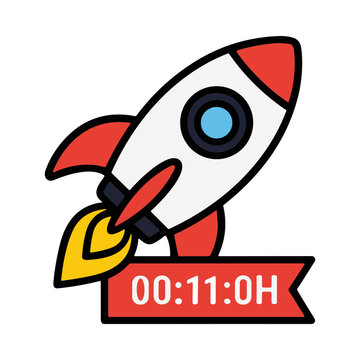 Stylized Rocket Launching with Countdown Timer Displaying 00 11 0H