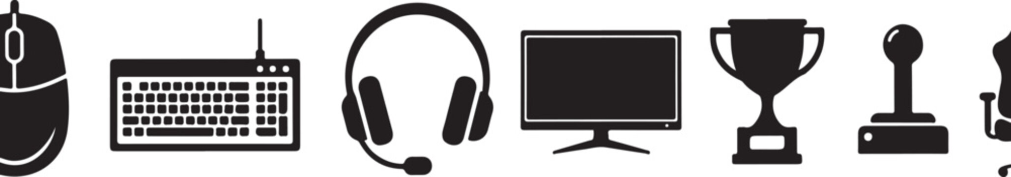 Black computer gaming accessories like mouse, keyboard, headphones, monitor, and trophy for e-sports.