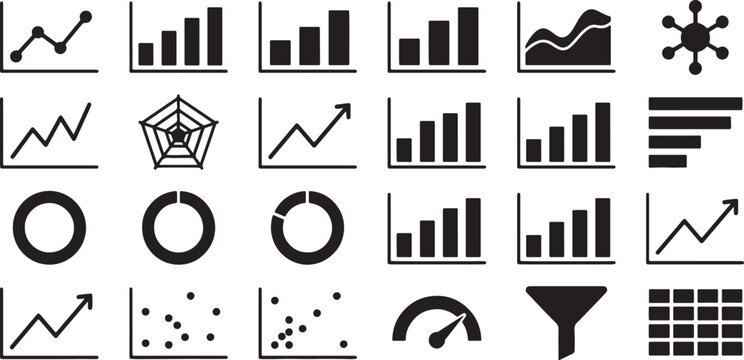 Business data analytics and financial charts collection showing diverse graphs progress trends bar diagrams and gauge meter.