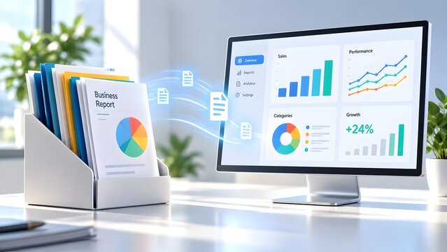 Digital transformation concept showing physical business report transferring into digital analytics dashboard on computer monitor
