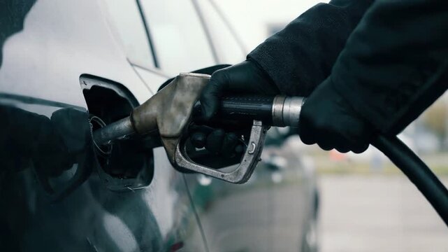 Person fills car with fuel using pump nozzle
