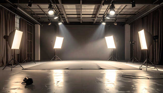 Empty professional photography studio with lighting equipment