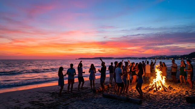 Group of friends celebrating at a beach bonfire party during sunset