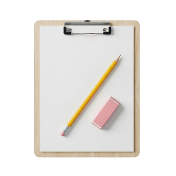 Wooden clipboard with a yellow pencil and a pink eraser on a blank paper sheet isolated on transparent background